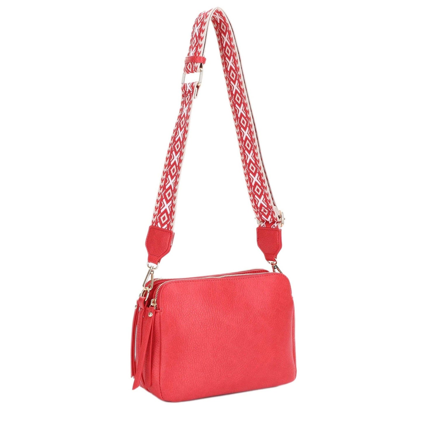 EJ60197 Mila 3 Compartment Crossbody Bag With Guitar Strap: Nude