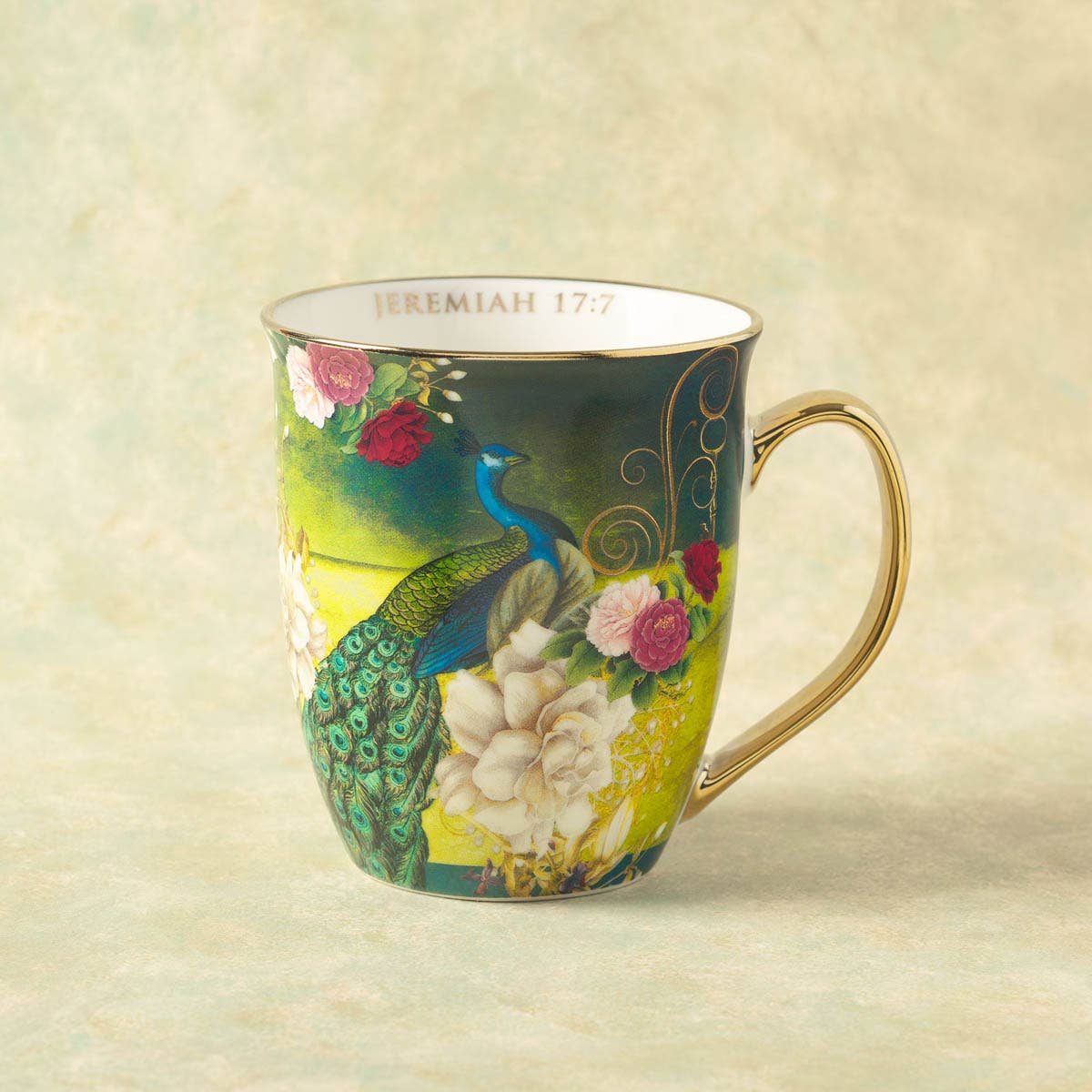 Mug Blue/White Peacock Blessed Jer. 17:7