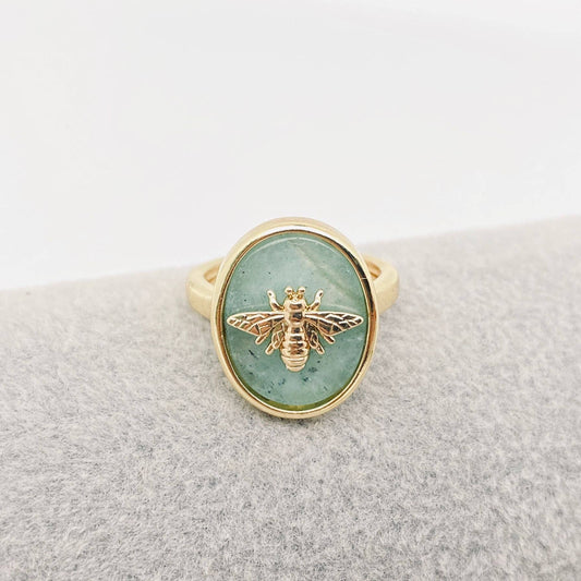 Natural Stone Golden Bee Opening Adjustable Ring - CS: Green Aventurine