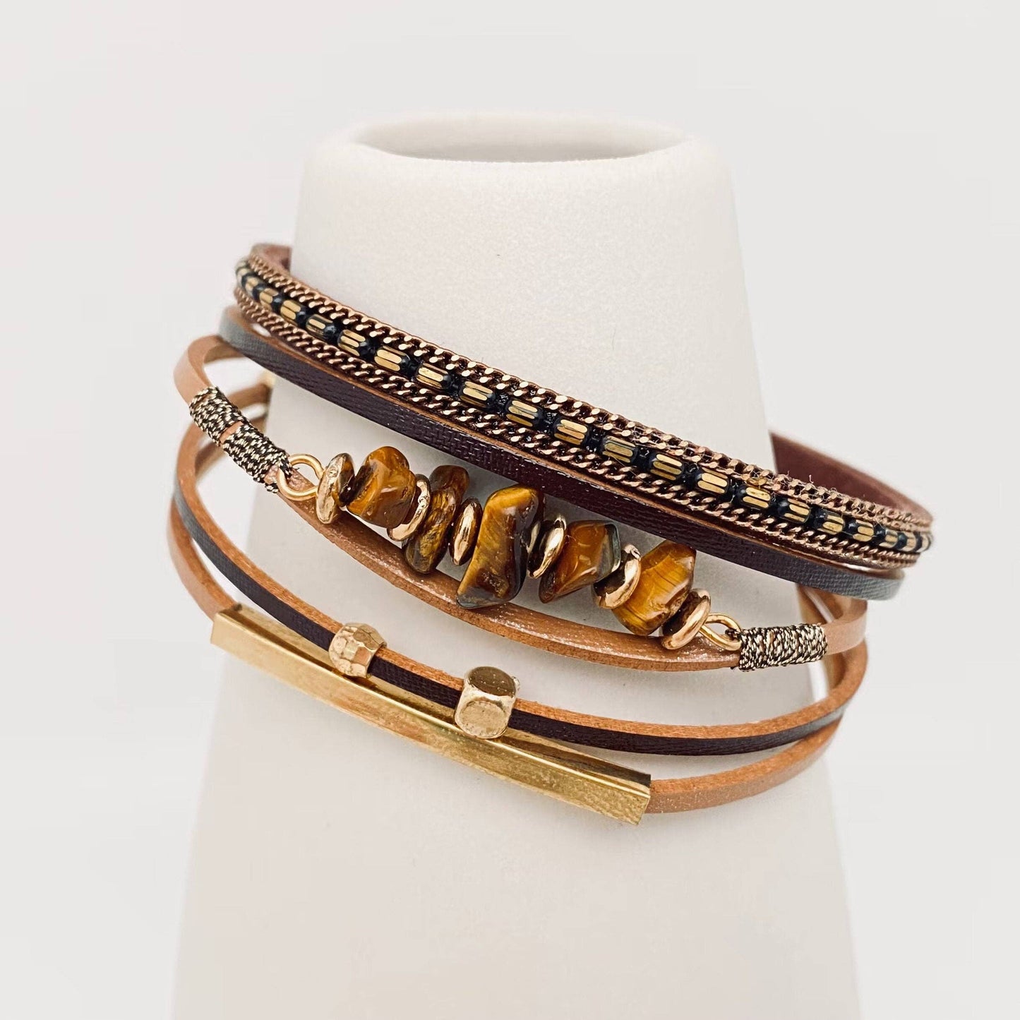 Bohemian Natural Gravel & Leather WovenBracelet - BJ/LB: 3