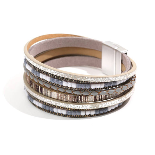 Bohemian Hand-woven Magnetic Buckle Leather Bracelet - BJ/LB: Grey