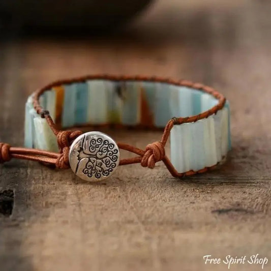 Natural Amazonite Stone & Leather Tree of Life Bracelet