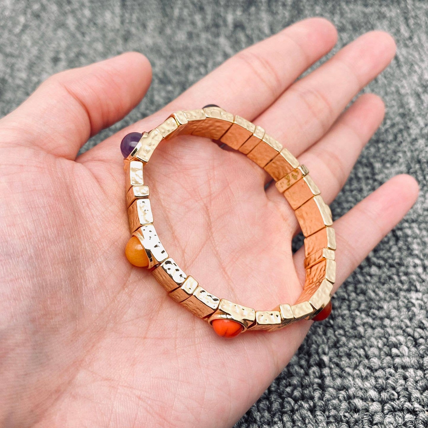 Vintage Inlaid Stone Gilded Bangle & Elastic Bracelet  - CS: Bangle - A