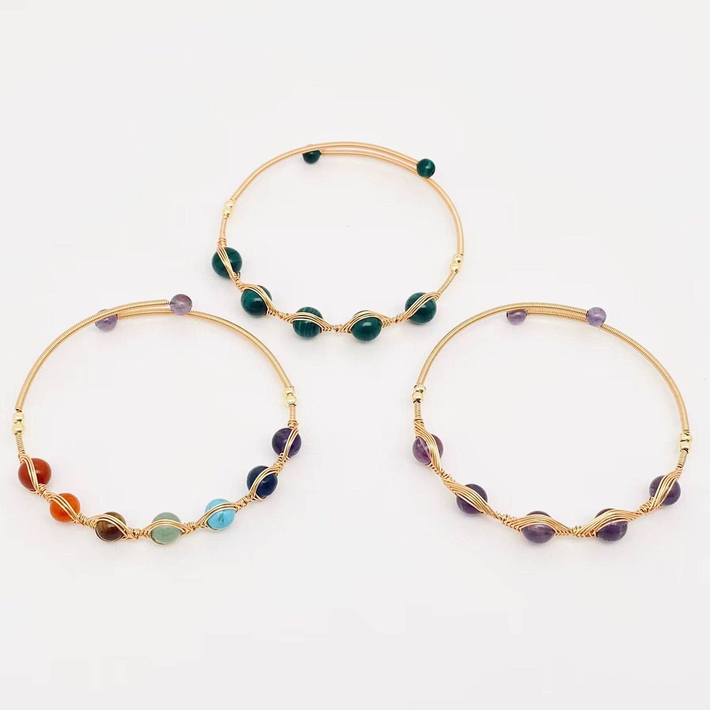 Hand-braided Copper Wire Wound Natural Stone Cuff Bangle -CS: Malachite