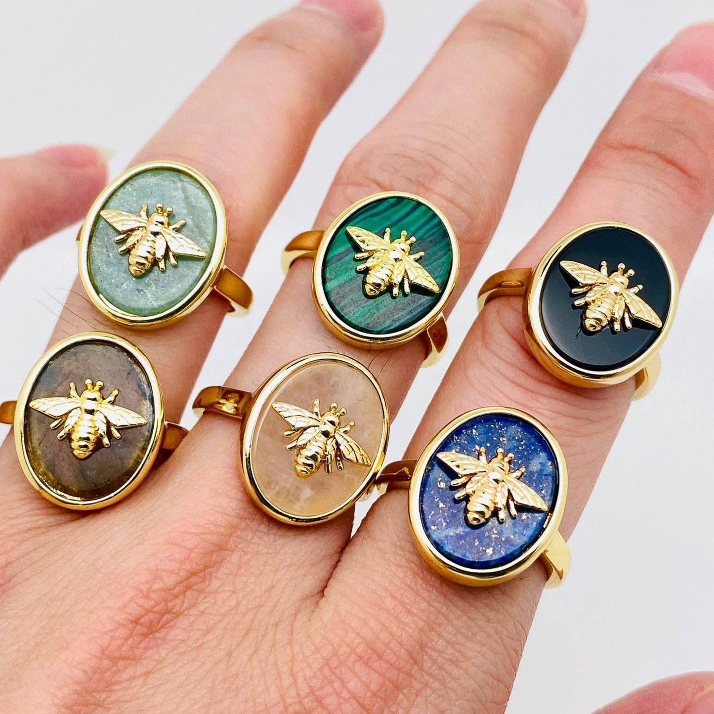 Natural Stone Golden Bee Opening Adjustable Ring - CS: Green Aventurine