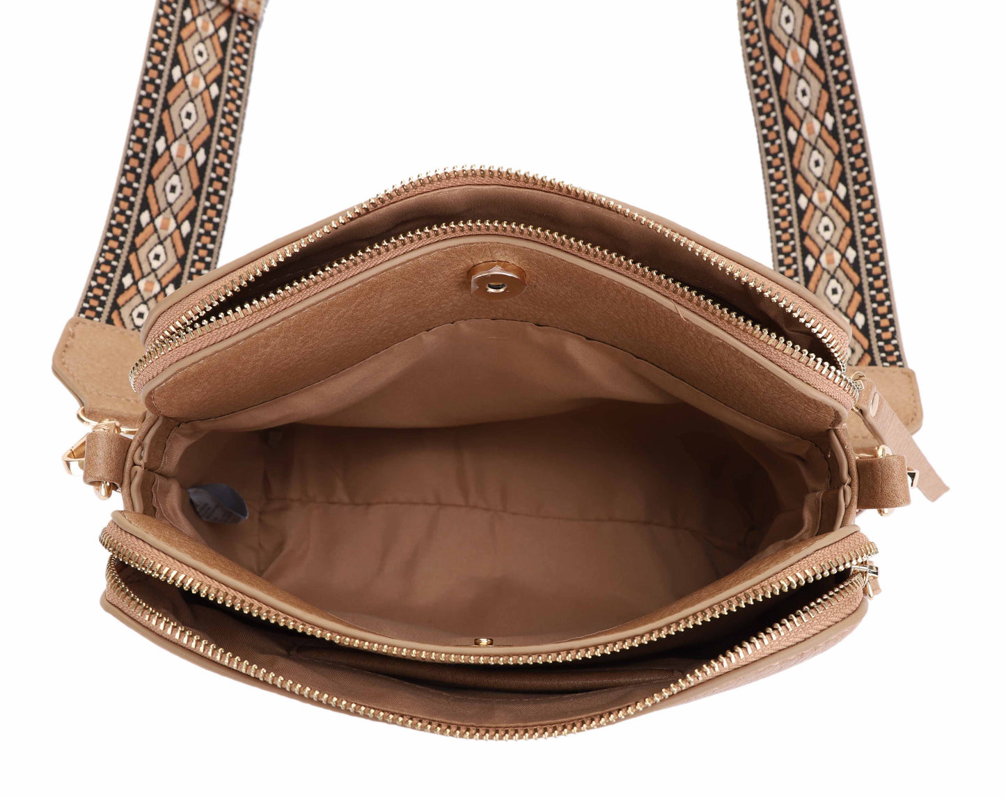 EJ60197 Mila 3 Compartment Crossbody Bag With Guitar Strap: Nude
