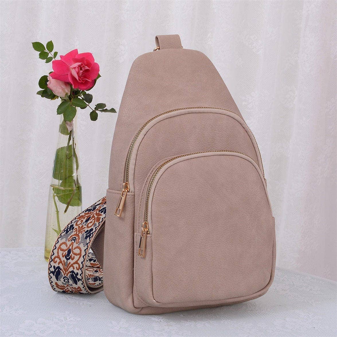 Zara Zipper Crossbody Bag with Boho Strap: Tan