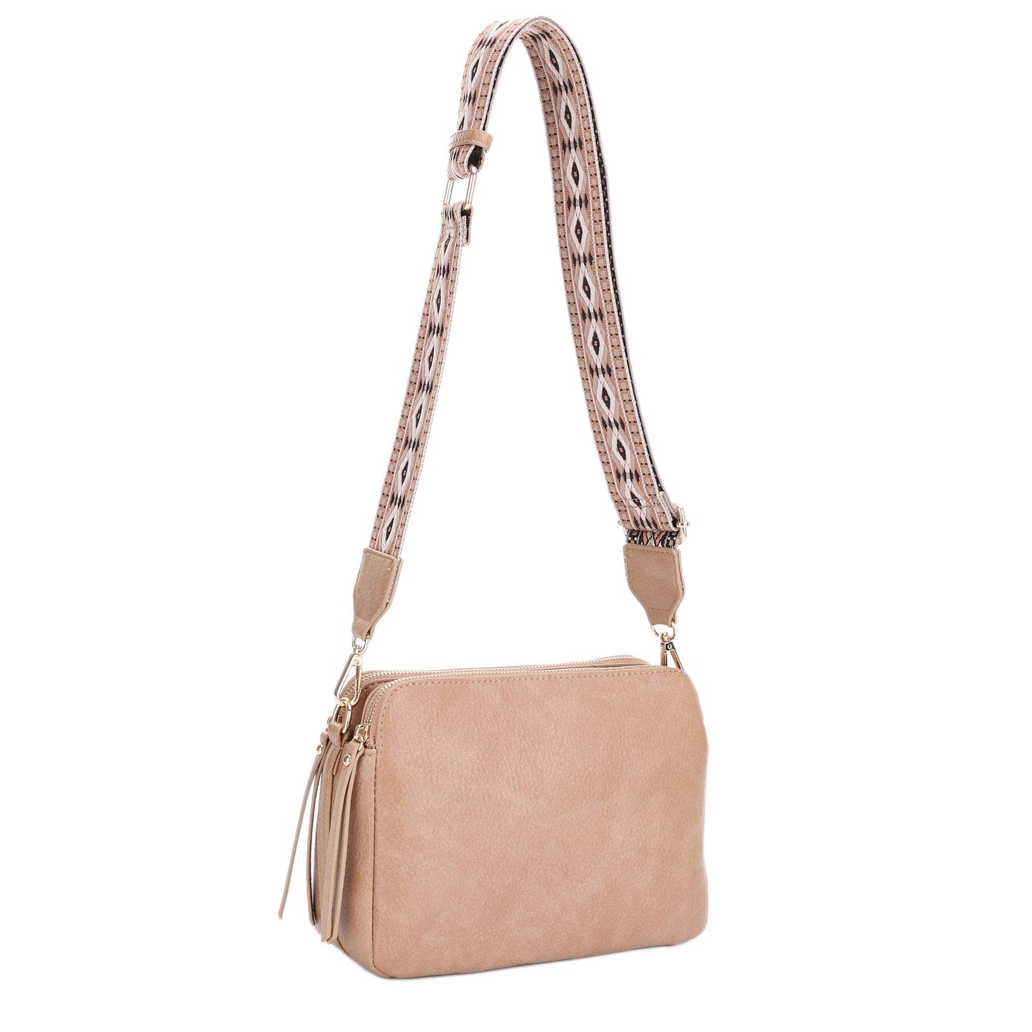 EJ60197 Mila 3 Compartment Crossbody Bag With Guitar Strap: Black