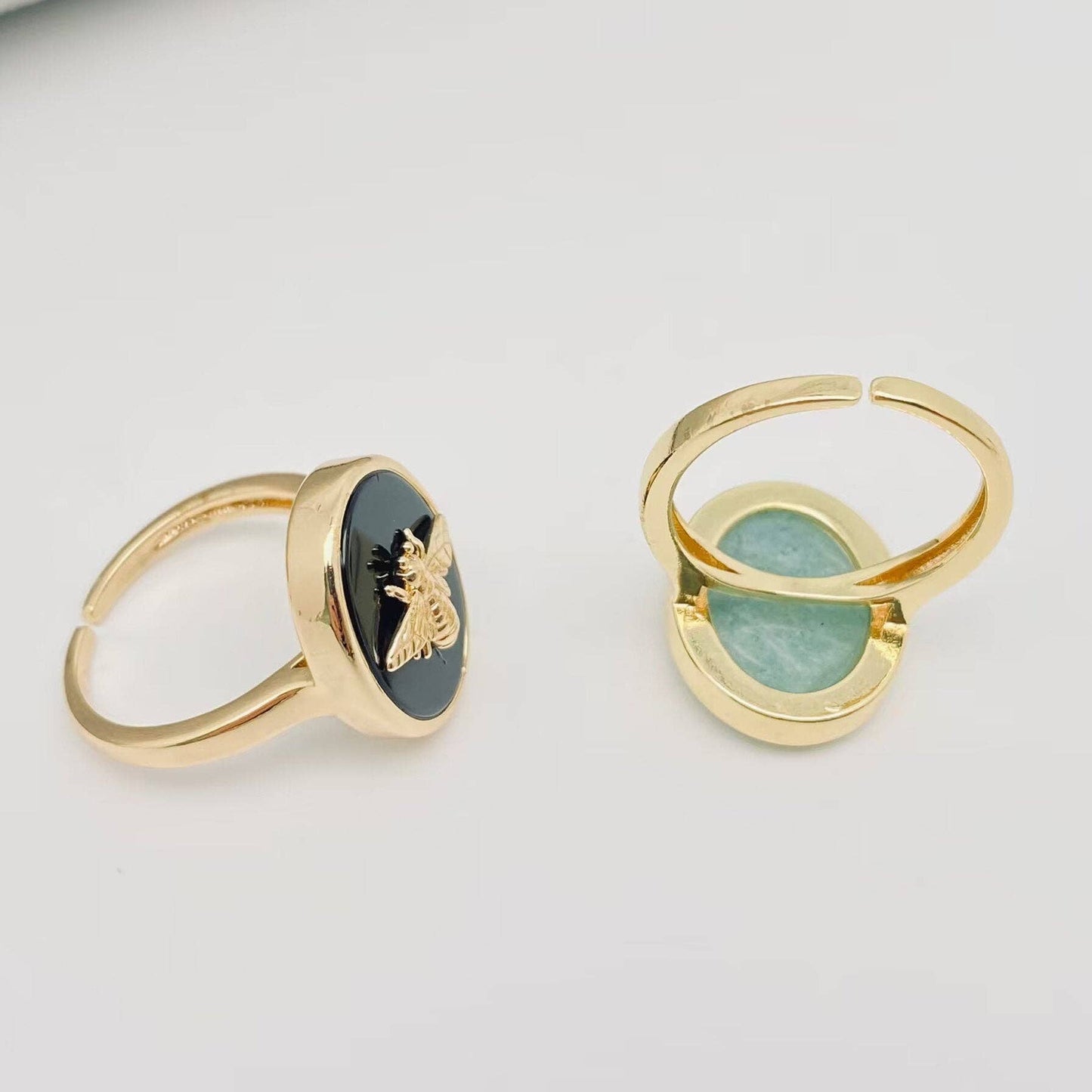 Natural Stone Golden Bee Opening Adjustable Ring - CS: Green Aventurine
