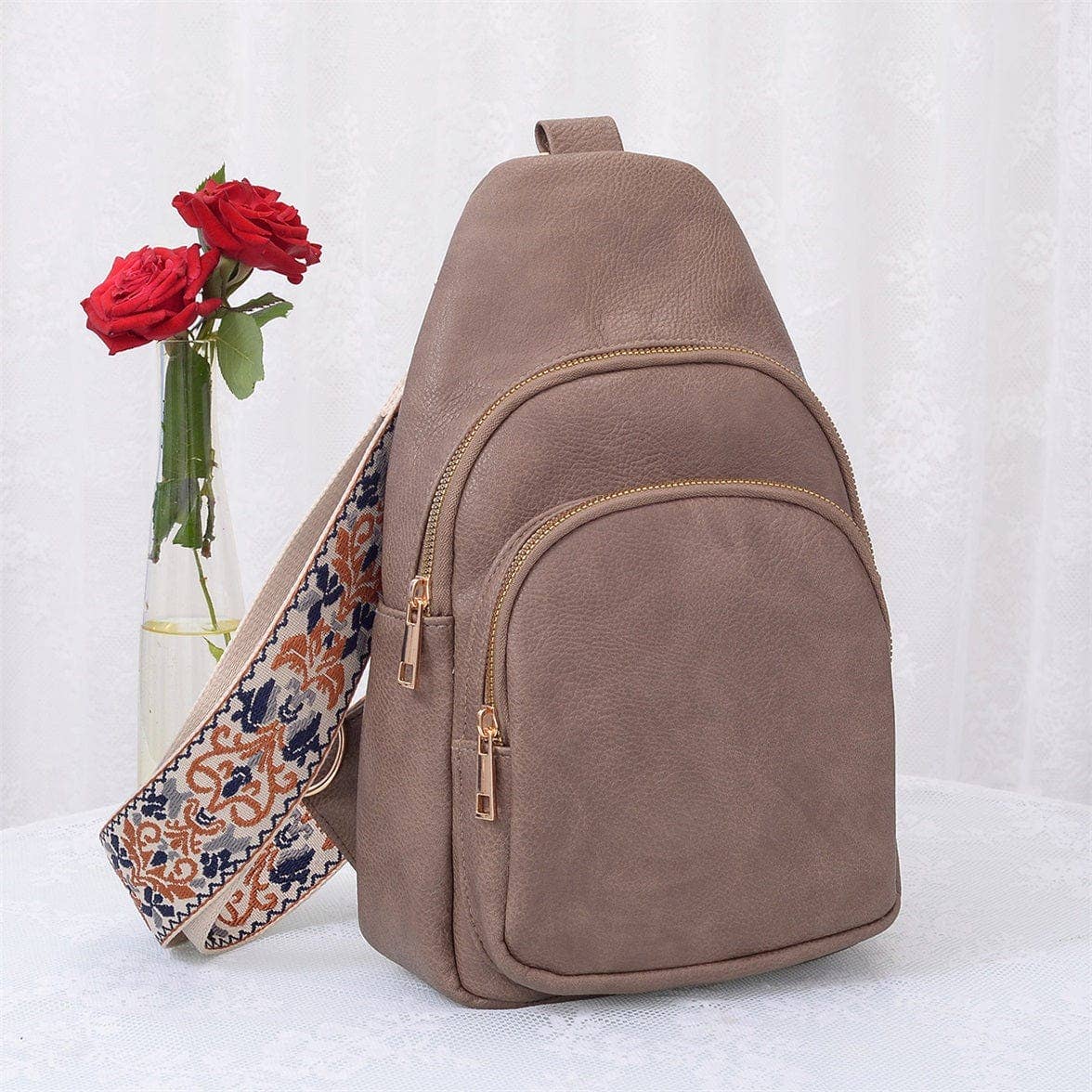 Zara Zipper Crossbody Bag with Boho Strap: Tan