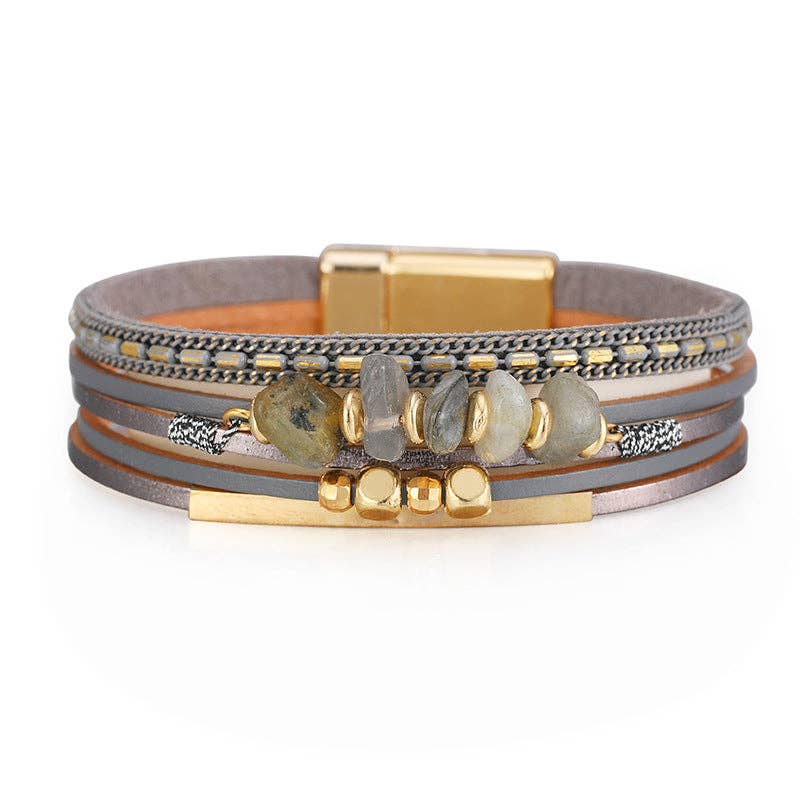 Bohemian Natural Gravel & Leather WovenBracelet - BJ/LB: 2