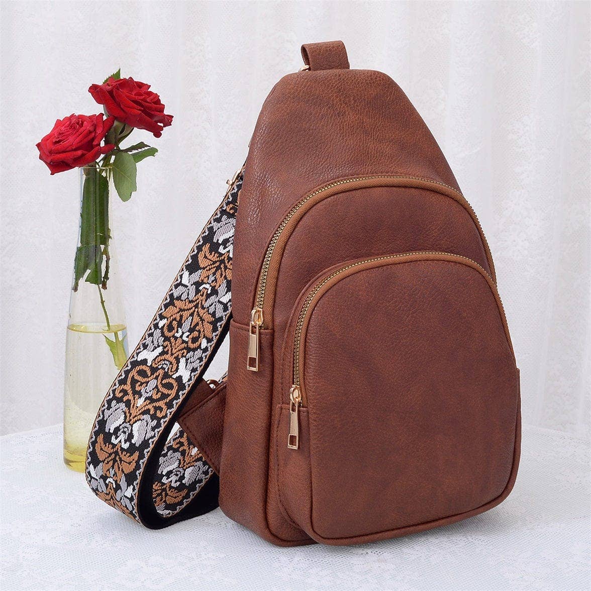 Zara Zipper Crossbody Bag with Boho Strap: Tan