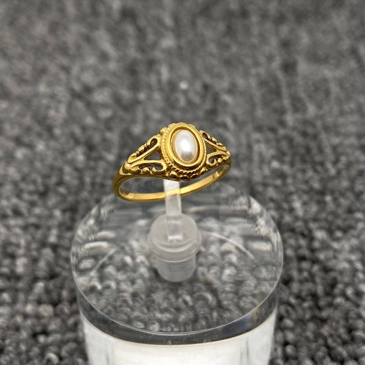 Inlaid Pearl Vintage 18K Gold Plated SS Ring - FGS: 7