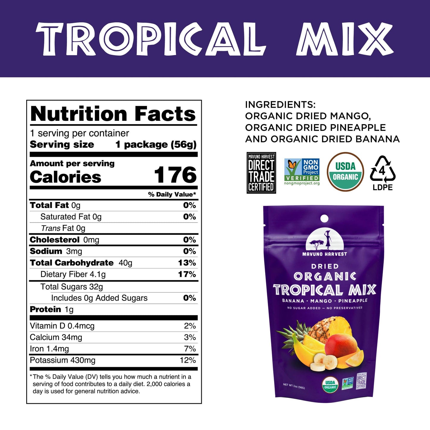 Mavuno Tropical Mix Organic Dried Fruit 2oz