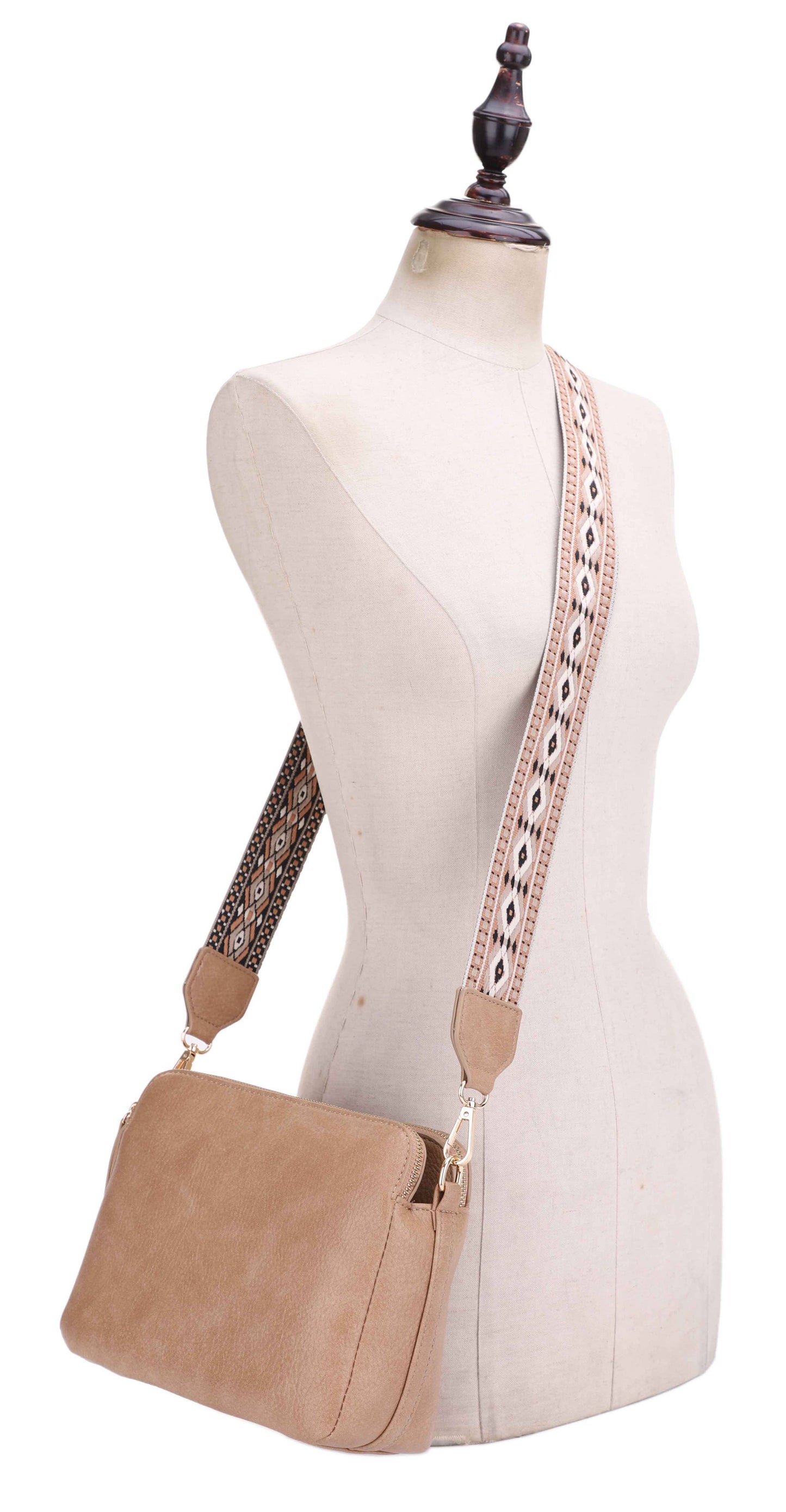 EJ60197 Mila 3 Compartment Crossbody Bag With Guitar Strap: Nude