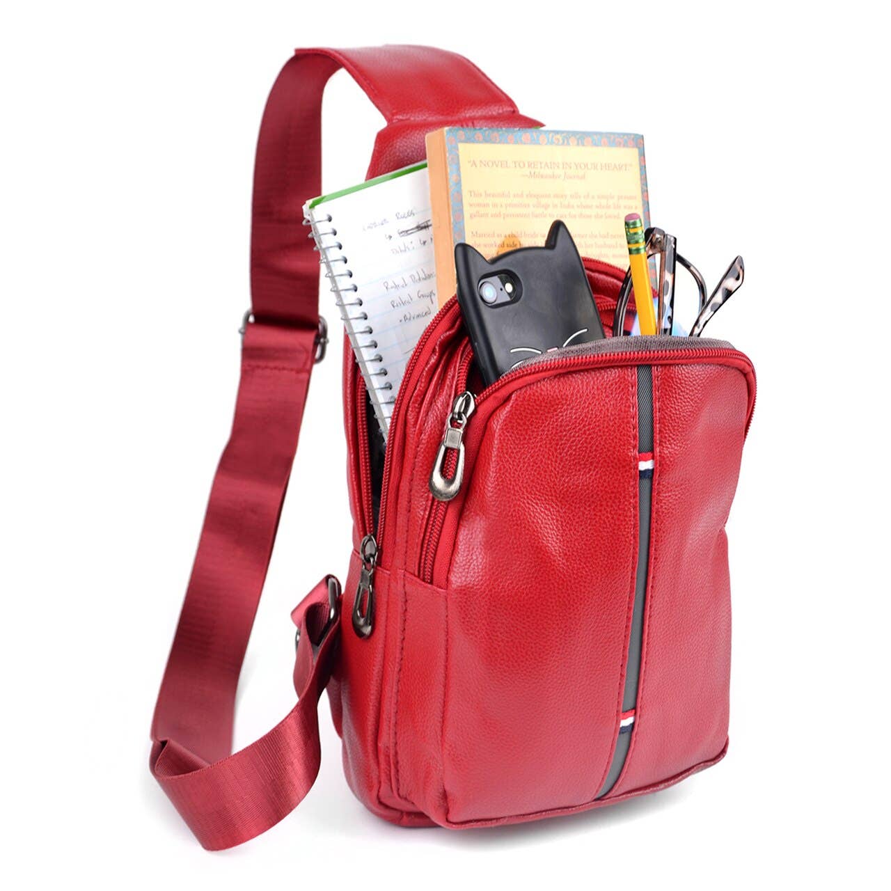 Red Crossbody Leather Sling Bag Backpack - FBG1824-RD
