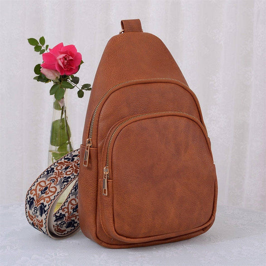 Zara Zipper Crossbody Bag with Boho Strap: Tan