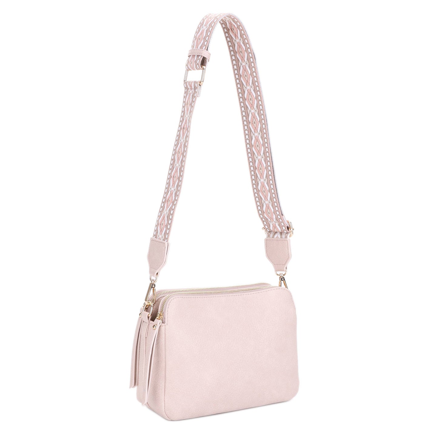 EJ60197 Mila 3 Compartment Crossbody Bag With Guitar Strap: Black