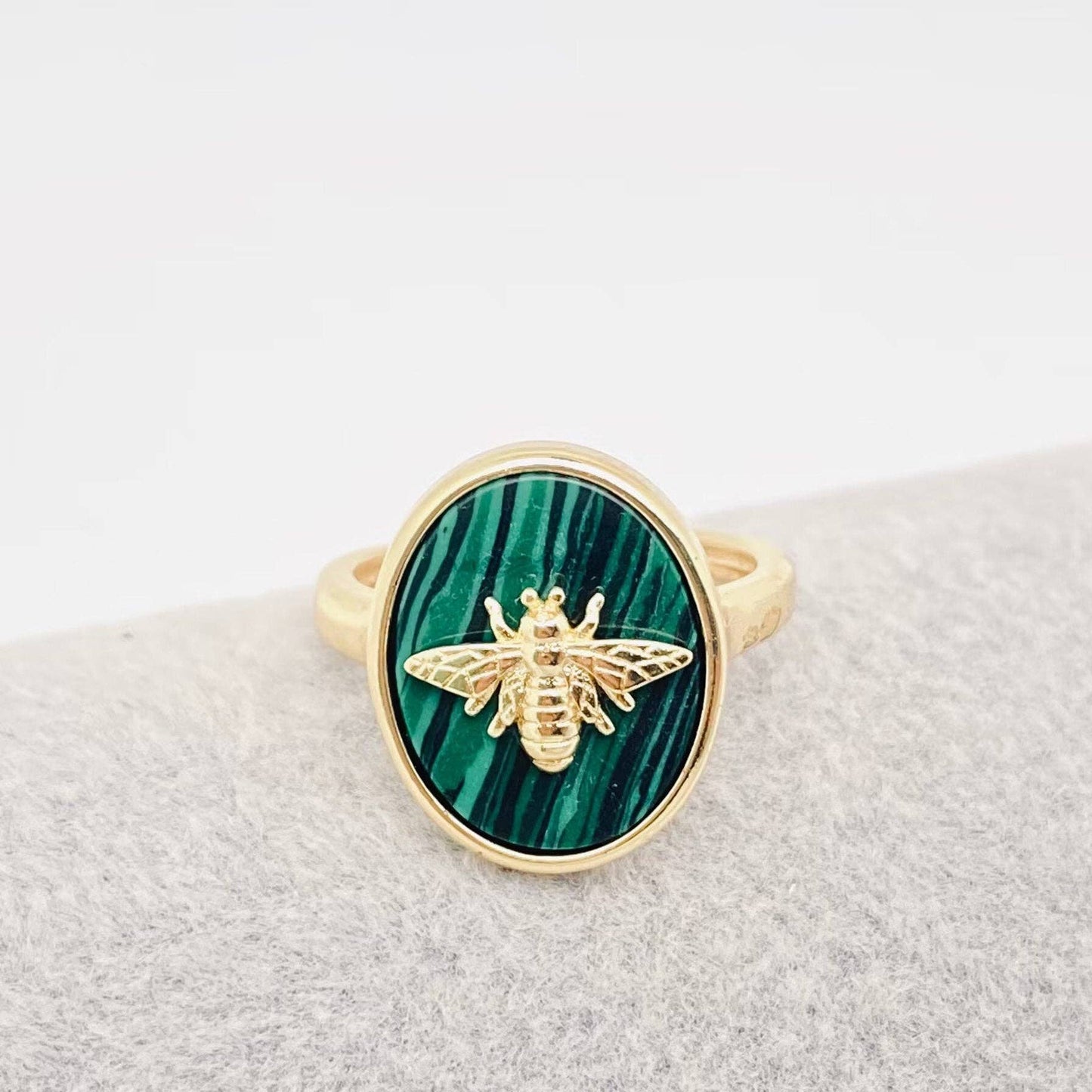 Natural Stone Golden Bee Opening Adjustable Ring - CS: Green Aventurine