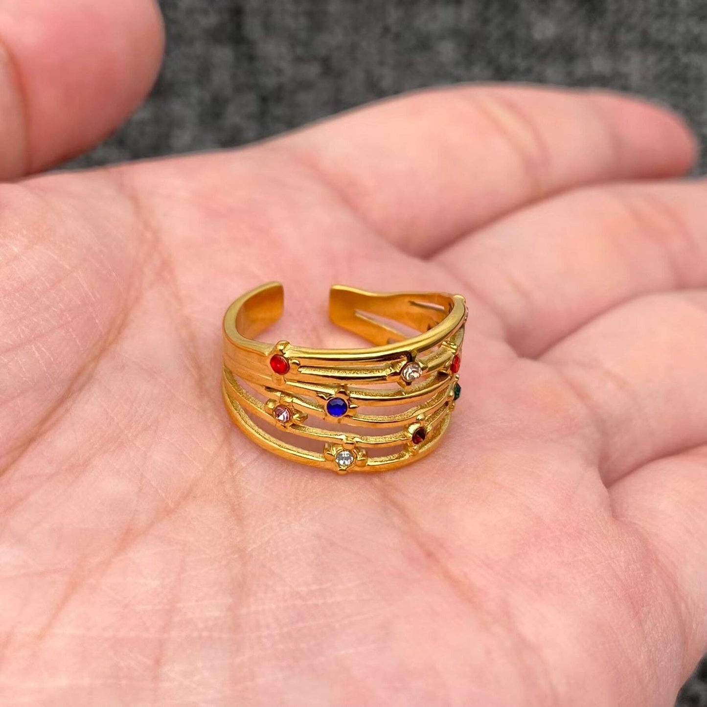 Colored Rhinestone 18K Gold Plated SS Hollow Ring - FGS